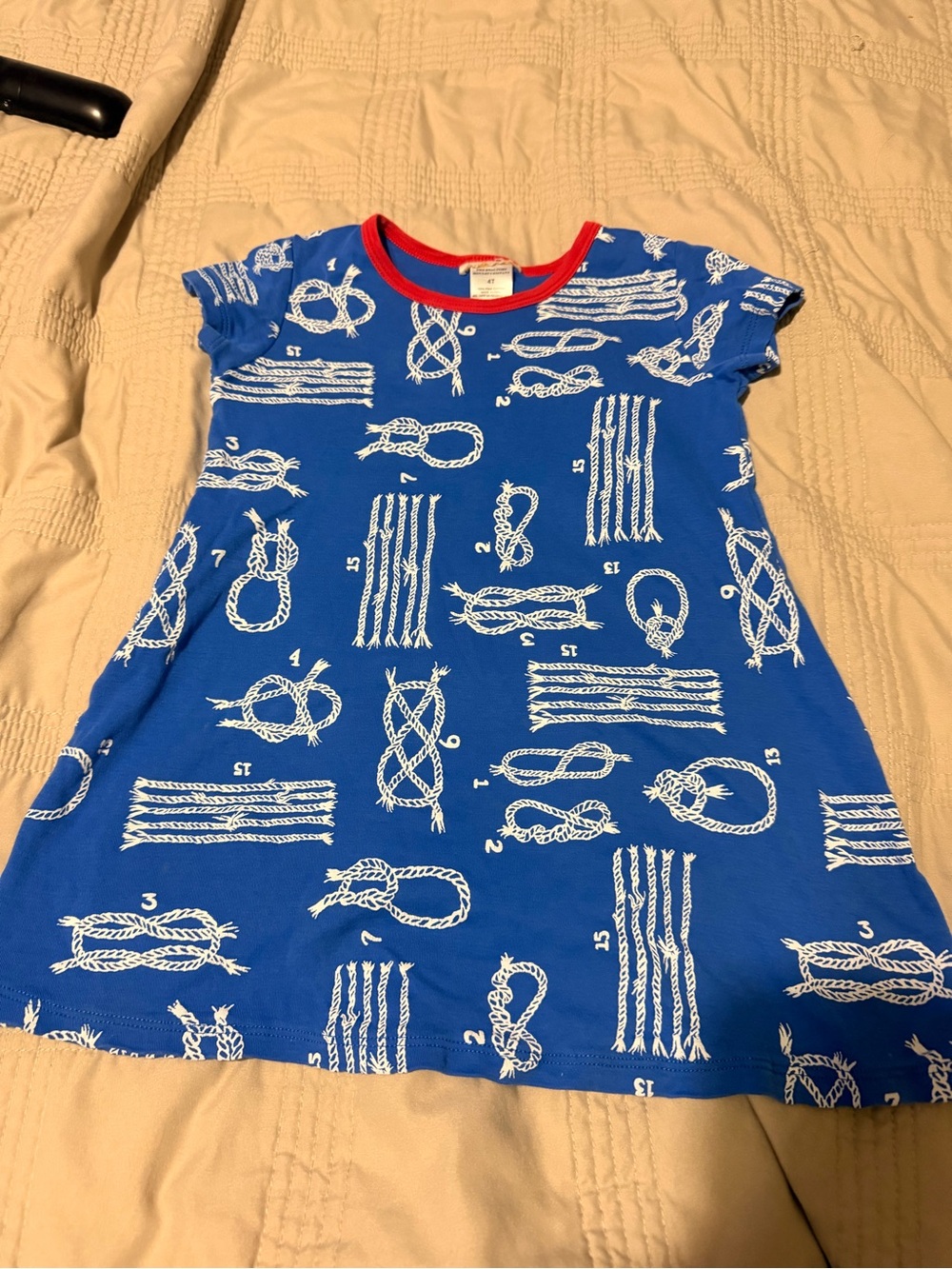 Girls Blue Rope Print Knit Dress with Red Trim
